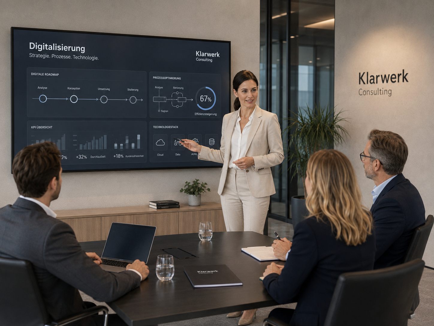 Präsentation zum Thema Digitalisierung vor einem Bildschirm mit Prozessdarstellung