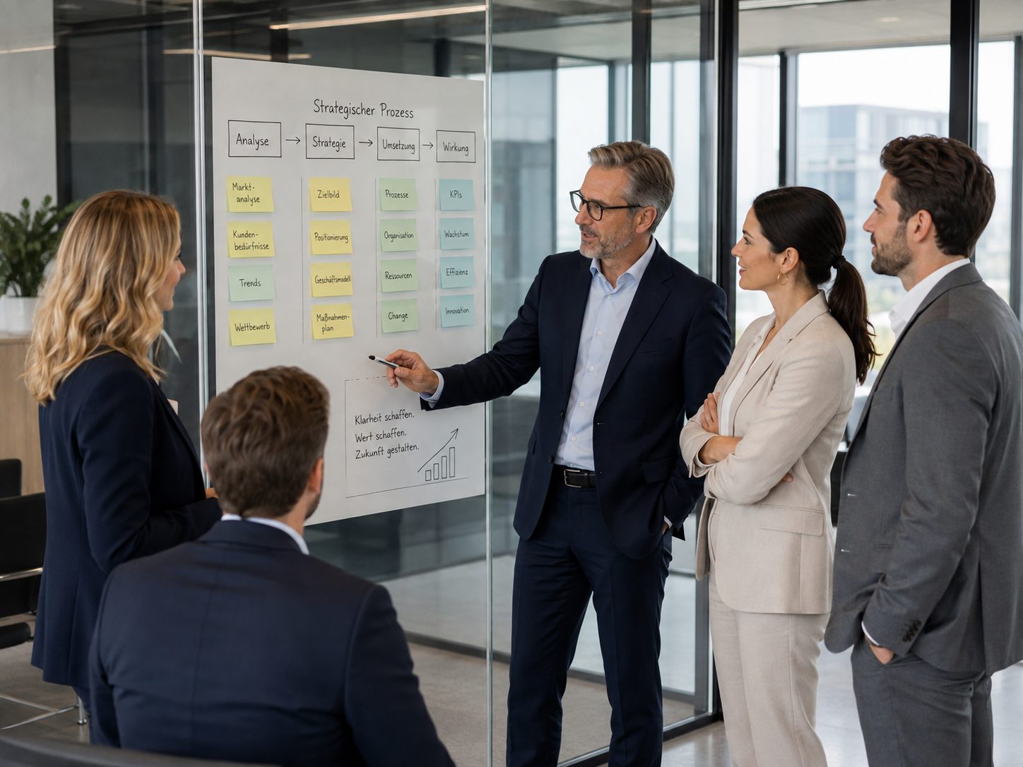 Strategieworkshop am Whiteboard: ein Berater erläutert den strategischen Prozess von der Analyse bis zur Wirkung